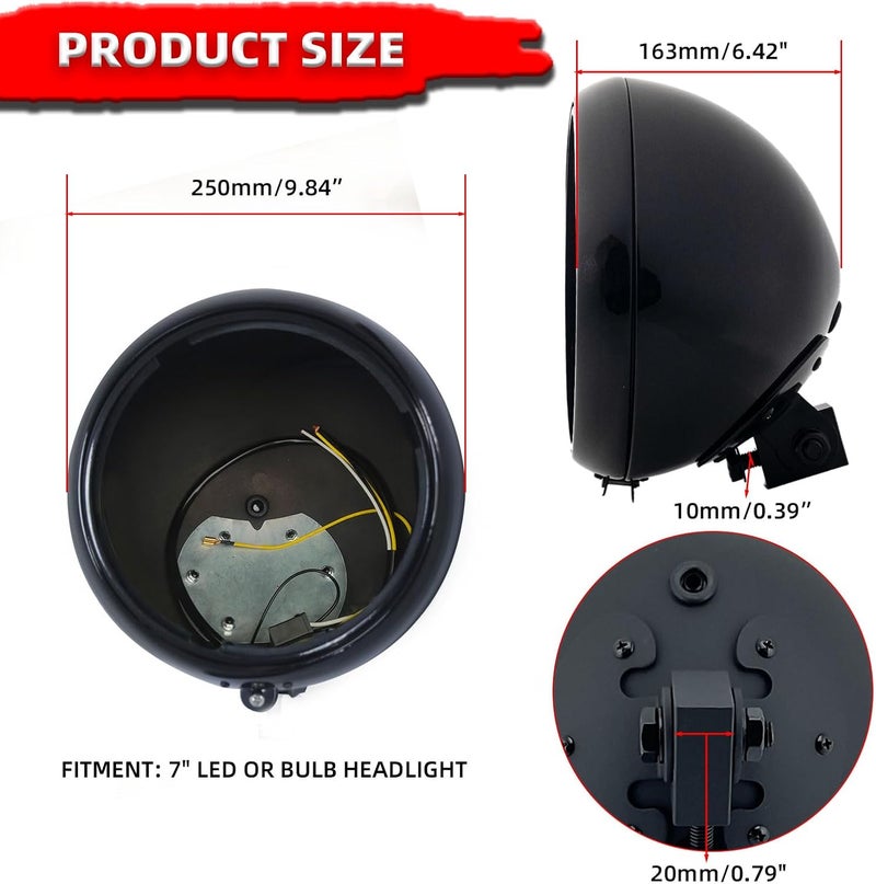 FATECIM Motorcycle 7" Round Headlight Bucket Housing 7 Inch LED Headlamp Shell Protective Cover Heavy Duty Universal for Harley Kawasaki Honda Yamaha Suzuki Chopper Cafe Racer Bobber Aprilia Black - Image 4
